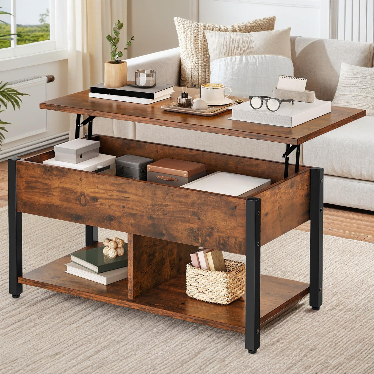 YITAHOME Lift Top Coffee Table, Wooden Coffee Table with Hidden Compartment and Storage Shelf, Center Table for Living Room, Dining Tables with Adjustable Height, Home Office, Rustic Brown YITAHOME