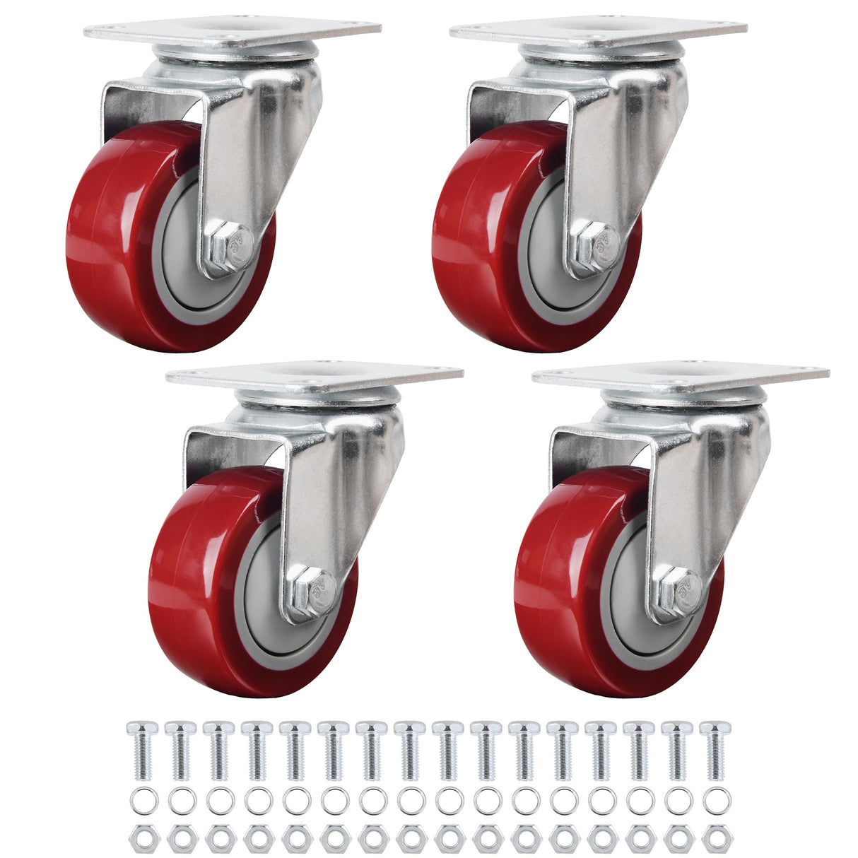 Finnhomy 3 Inch Swivel Casters Wheels Set of 4 Heavy Duty Plate Casters Premium Polyurethane Wheels PU Load Bearing 2,200 Lbs Anti-wear Smooth Casters Red (Free Screws) Finnhomy