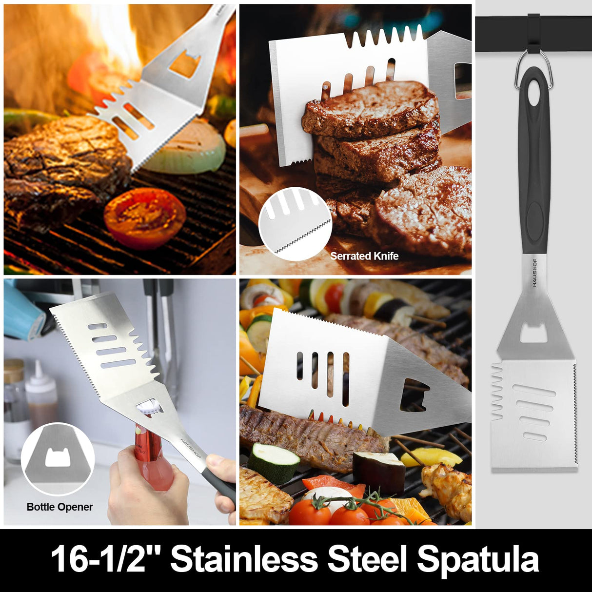 HAUSHOF Large Grilling Accessories, BBQ Grill Set, Heavy Duty Stainless Steel Barbecue Utensils with 16-1/2" Spatula, Brush, Fork, Tongs, Skewers, Thermometer, Bag, Ideal Gift, 15PCS HAUSHOF