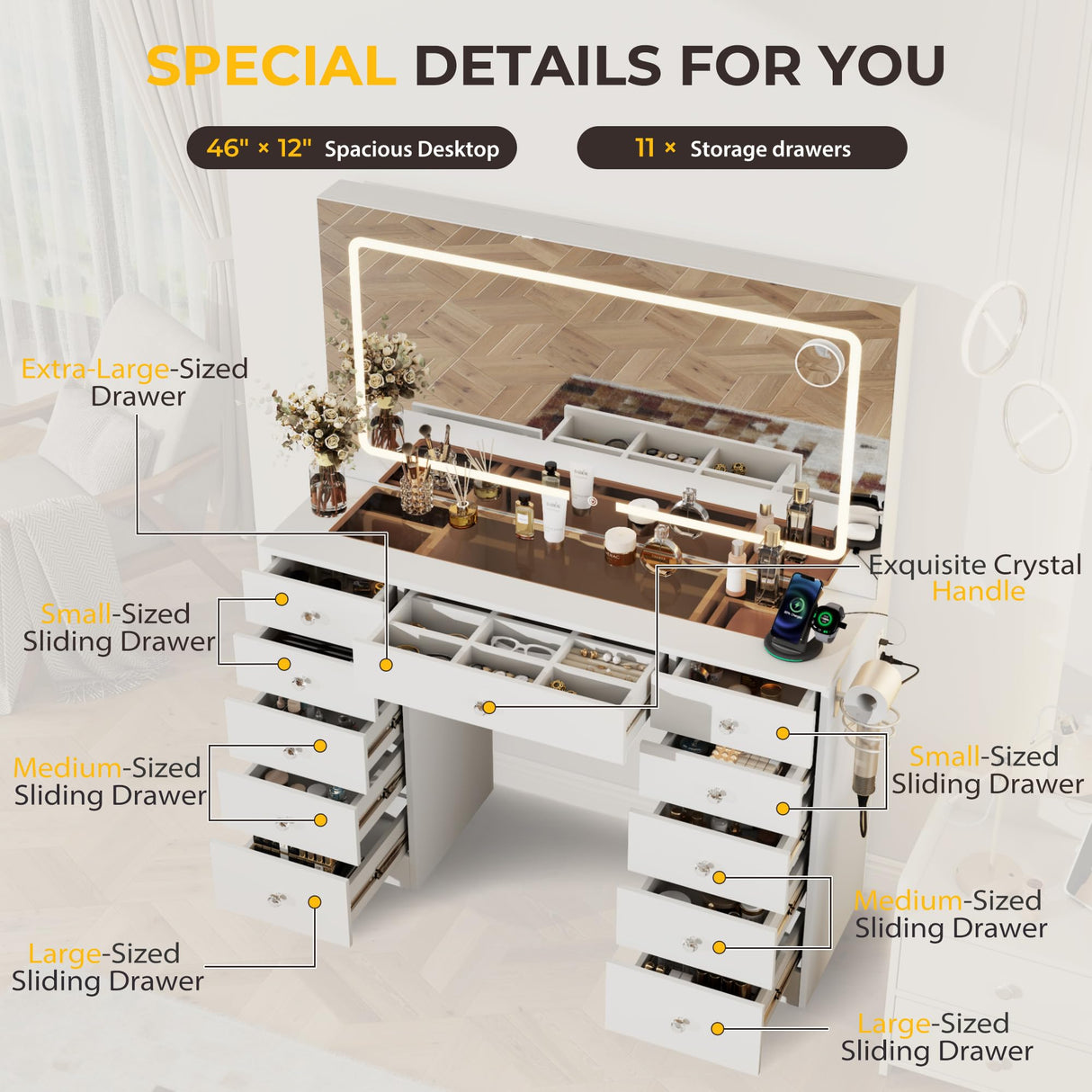 Otterease White Makeup Vanity, 11 Drawers Vanity Mirror with Lights, Makeup Vanity Desk with 3 Lighting Modes Adjustable Brightness, Vanity with Glass Top for Bedroom Otterease