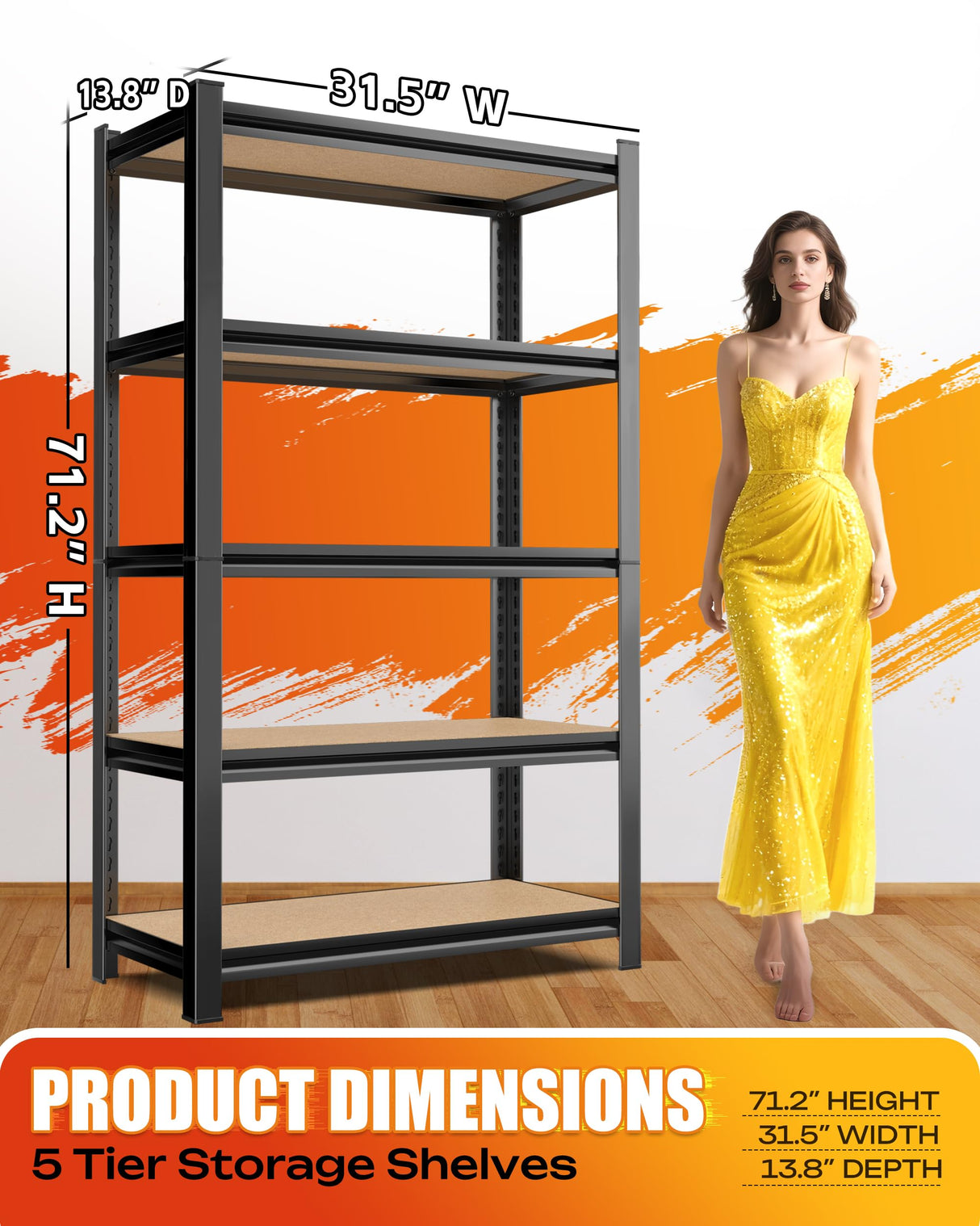 AOAORGG 5-Tier Garage Shelving Heavy Duty Storage Shelves, Metal Adjustable Shelving Unit, Utility Garage Organizer Shelf for Basement, Pantry, Kitchen, Warehouse, 31.5" W x 13.8" D x 71.2" H, Black AOAORGG