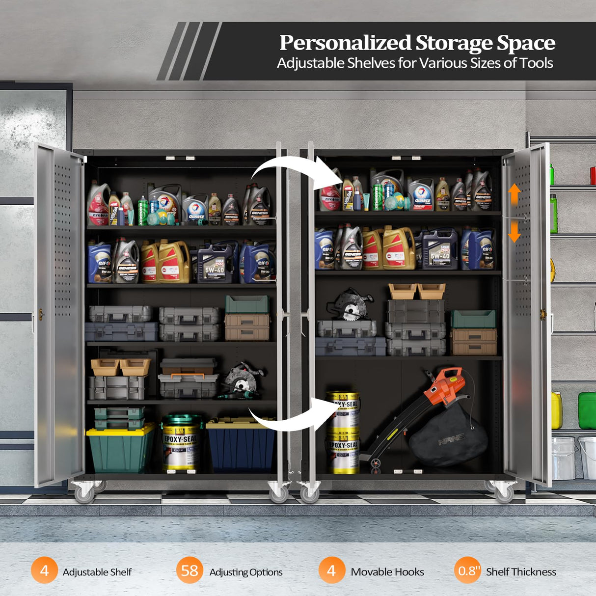 VINGLI Upgraded Wide & Deep Garage Storage Cabinet, Metal Storage Cabinet with Pegboards, Wheels, Locking Doors and Adjustable Shelves (Black & Silver, 43''W x 20''D x 72''H) VINGLI