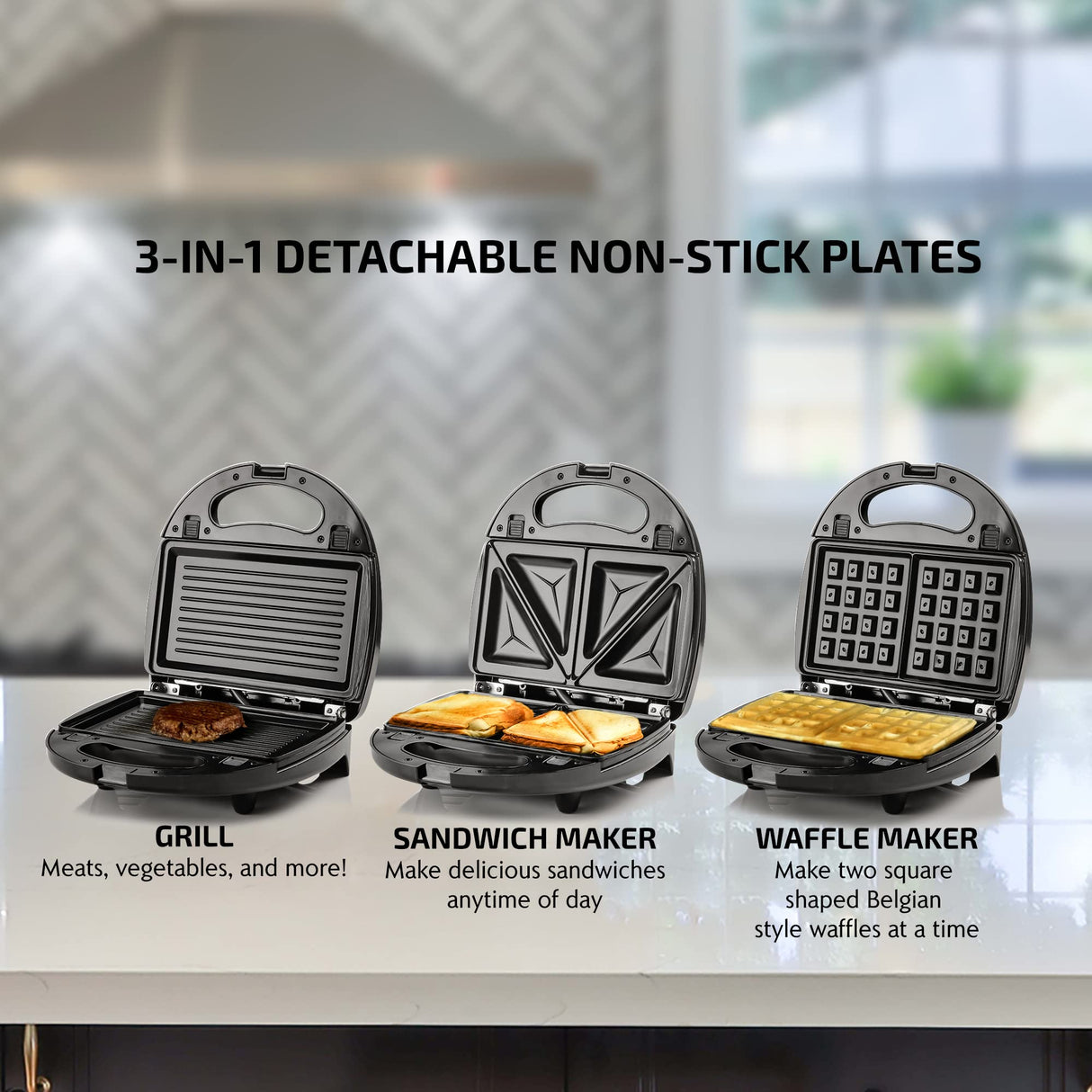OVENTE 3 in 1 Electric Sandwich Maker, Panini Press Grill and Waffle Iron Set with Removable Non-Stick Plates, Perfect for Cooking Grilled Cheese, Tuna Melts, Burgers, Steaks and Snacks, Black GPI302B OVENTE
