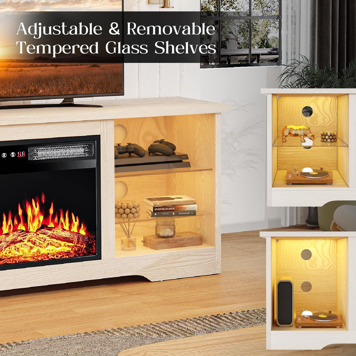 VITESSE 58 Inches Fireplace TV Stand for TVs up to 65 Inches Console with 18'' Electric Fireplace & Remote,Wooden Modern Entertainment Center for Living Room with LED Light Glass Shelves(Bei) VITESSE