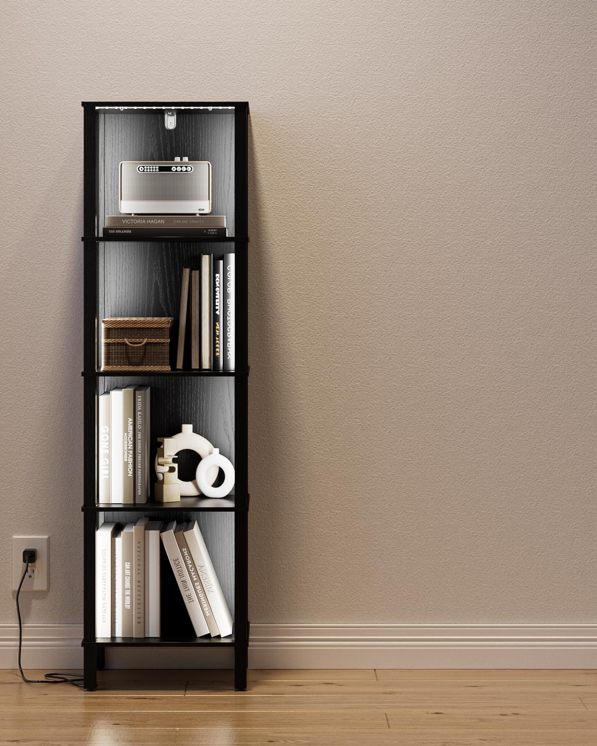 Apetaccat Bookshelf with LED Lights, Modern 4-Tier Bookcase, Open Storage Book Shelf, 11 × 14.2 × 50.4 Inches, Small Narrow Bookshelves for Living Room, Home Office, Bedroom, Black Apetaccat