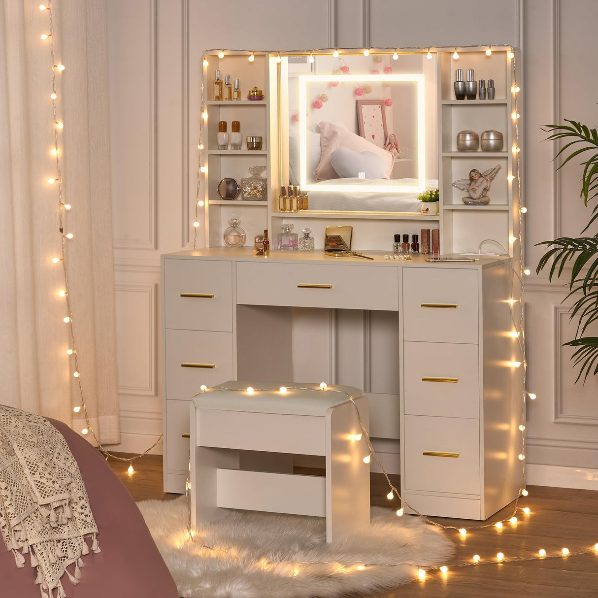 ANWBROAD Vanity Desk Table with Lighted Mirror and Lights Makeup Vanity Desk 39.4“ with Power Outlet 3 Colors Lighting Adjustable Brightness Vanity Table for Bedroom Dressing Room (White + 7 Drawers) ANWBROAD