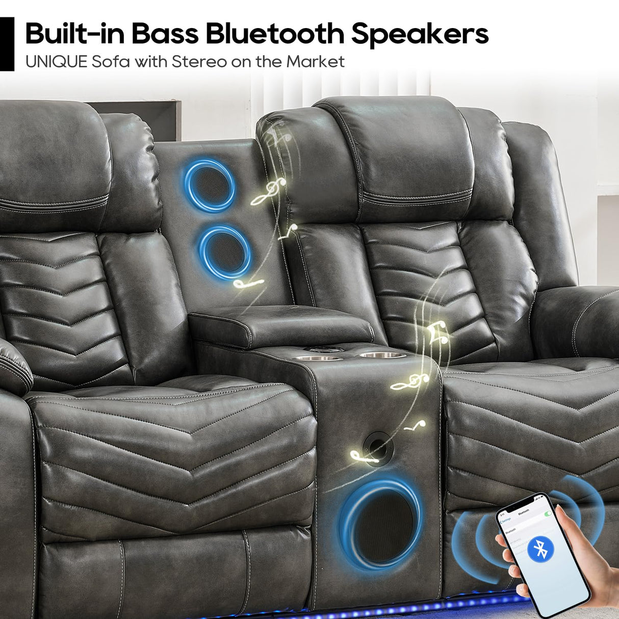 Manual Recliner Sofa Set with Wireless Charger for Living Room, Leather 3 Seater Reclining Sofa and Loveseat Seating Couch with Bass Speakers, LED Lights,Home Theater Love seat Sets with Console, Grey Comfort Stretch