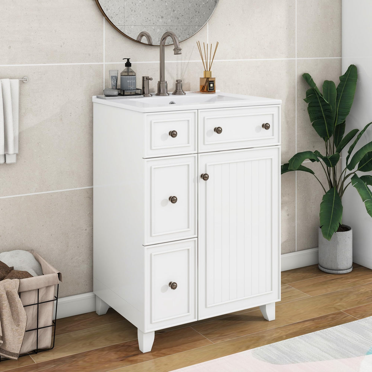 Harper & Bright Designs 24" Bathroom Vanity with Sink, Free Standing Single Basin Vanity Set with Two Drawers and One Door, Modern Wooden Bathroom Cabinet with Ceramic Basin for Bathroom, White Harper & Bright Designs