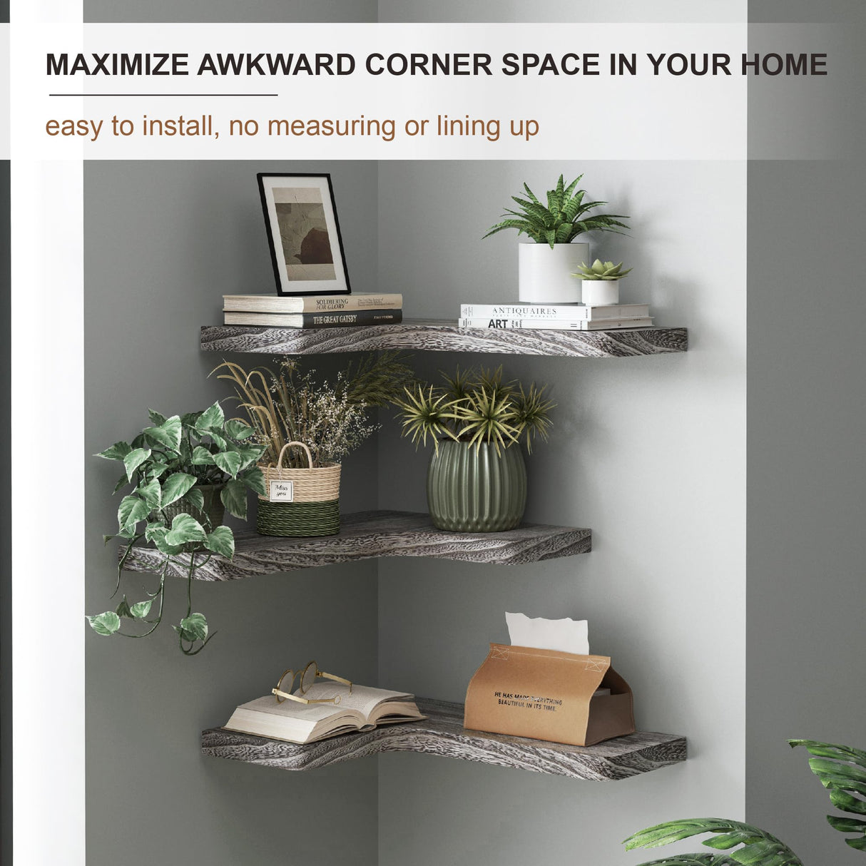 fuqing Floating Corner Shelves, Wall Shelf Set of 3, Shelves for Wall Storage, Solid Wood Shelves for Storage, Wall Mount Wooden Display Shelf for Bathroom Bedroom Kitchen Garage, Weathered fuqing