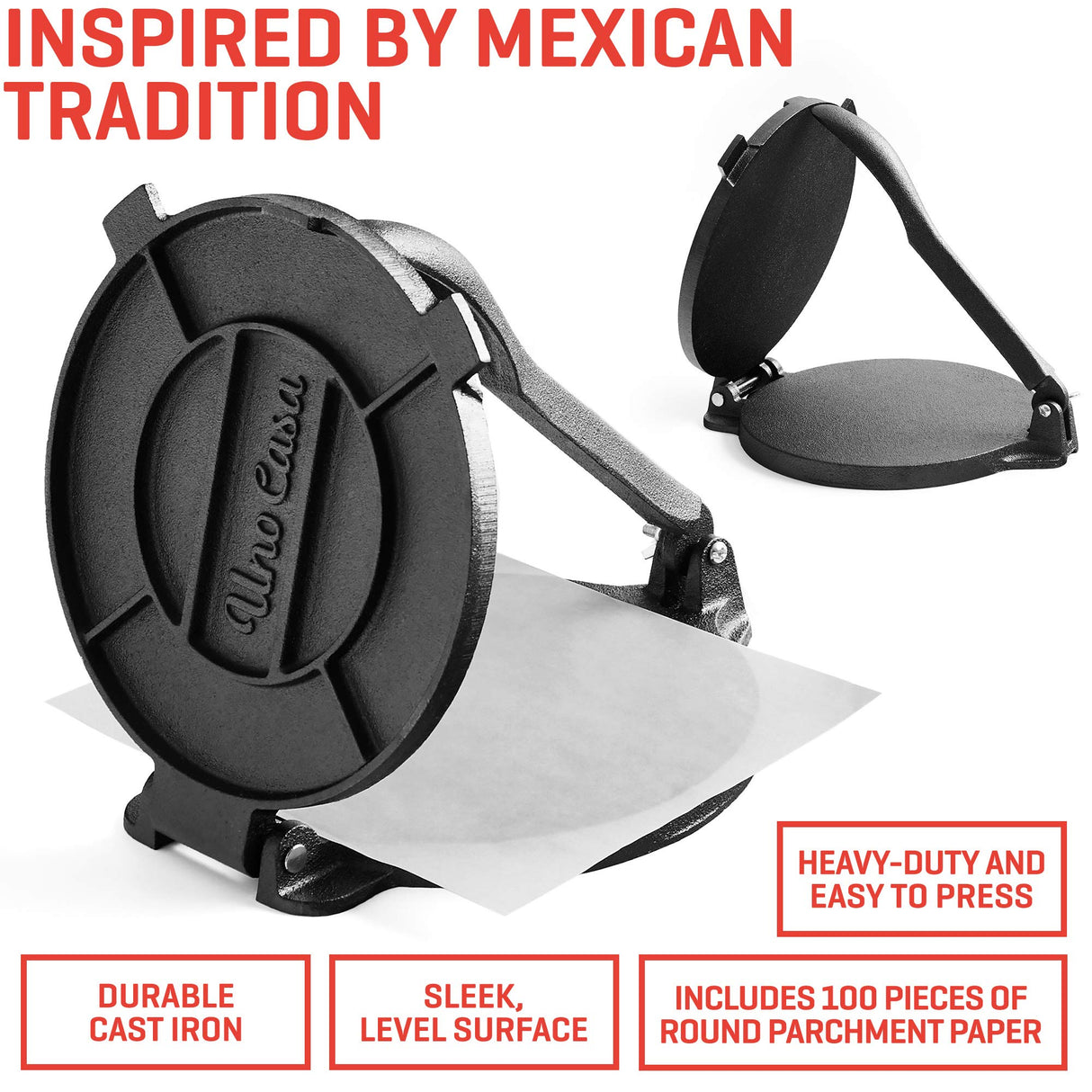 Uno Casa Cast Iron Tortilla Press 8 Inch with Cast Iron Comal Pan - Bundle of Cast Iron Tortilla Skillet for Roti, Tawa, Dosa, and Pataconera - Pre-Seasoned Heavy Duty Cookware for Authentic Cooking Uno Casa