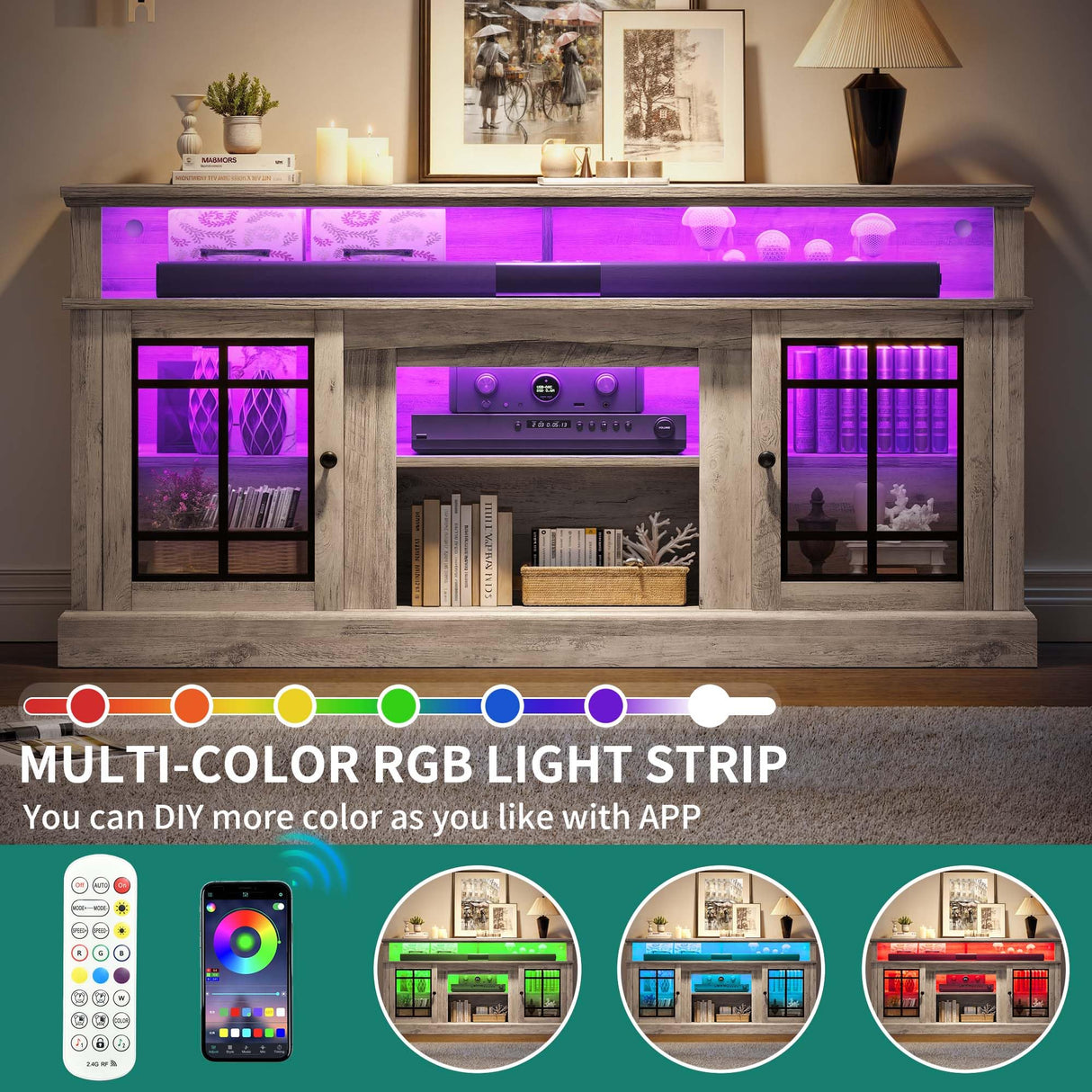 YITAHOME Modern TV Stand for 75 Inch TV, LED Entertainment Center with Adjustable Shelves and Glass Doors, 32'' Tall Television Stands TV Media Console Table for Living Room, Grey Wash YITAHOME