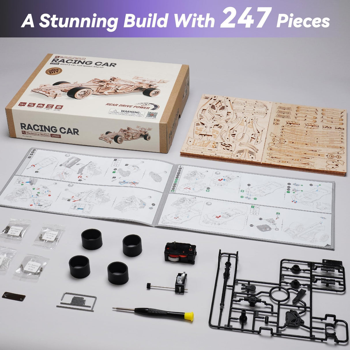 ROBOTIME 3D Puzzles for Adults, 1:18 Scale Wooden Racing Car LK505, Wood Mechanical Model Car Kits to Build, Cool Crafts for Teens & Adults Project Kits Model Building Set ROBOTIME