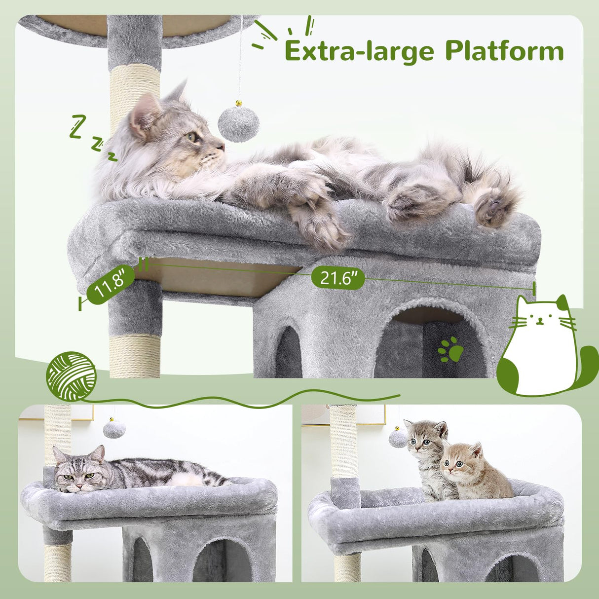 Globlazer S72 Heavy Duty Cat Trees for Large Cats, Sturdy 72in Maine Coon Cat Tree for Large Cats 20 lbs+ Heavy Duty Cat Tower for Adult Biggest Cats with 6 Scratching Posts, Hammock, Light Grey Globlazer