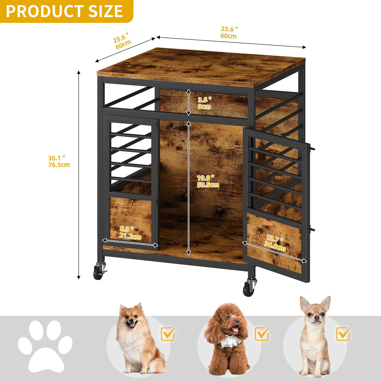 DWVO Dog Crate Furniture, 24 Inch Dog Kennel Indoor Furniture End Table Dog Crate for Dogs, Modern Decorative Dog Crate Wooden Dog Crate Furniture with Wheels, Chew-Resistant, Rustic Brown DWVO