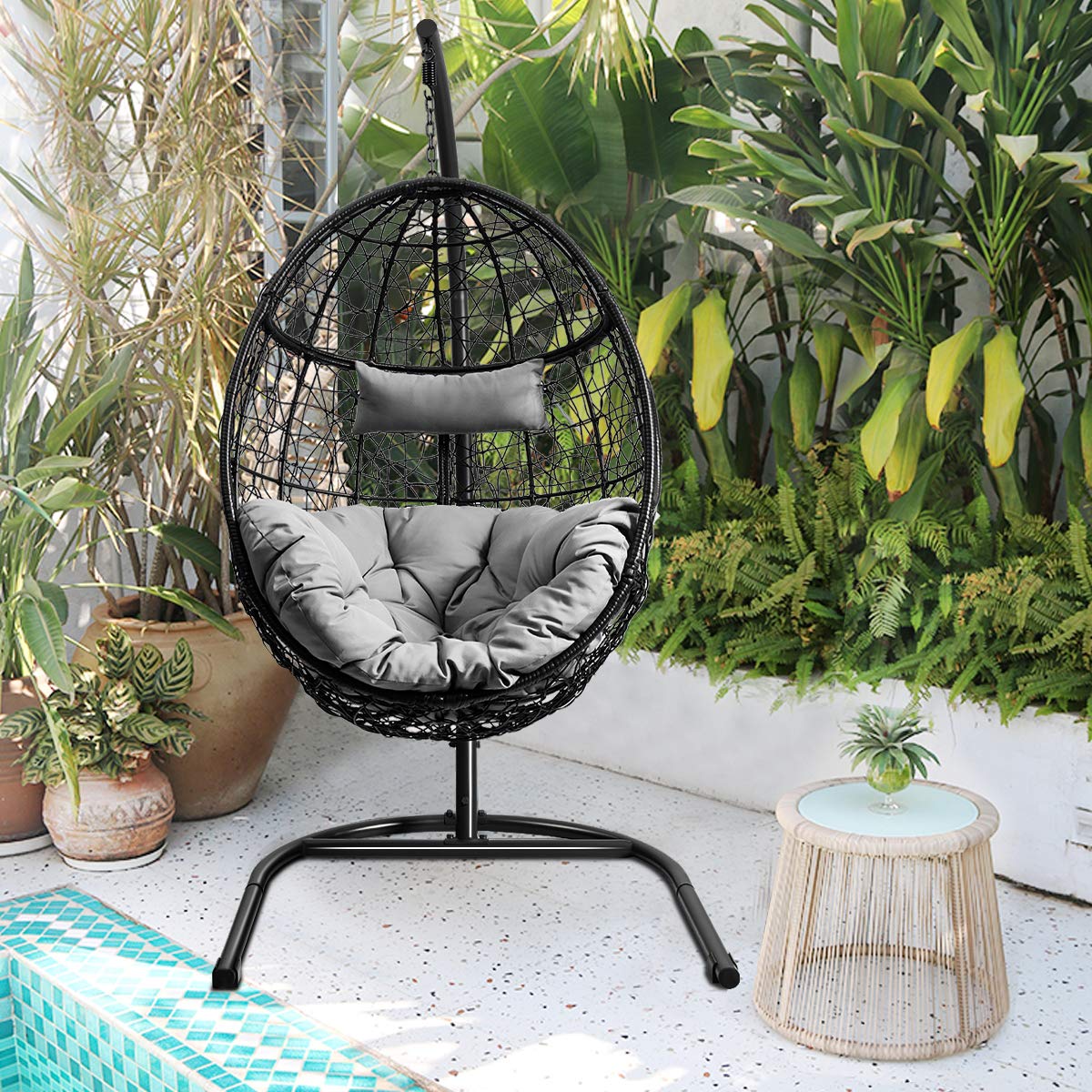 Giantex Hanging Egg Chair, 36.5-Width Oversized Swing Chair with C-Hammock Stand Set, Hammock Chair with Soft Seat Cushion & Pillow, Multifunctional Hanging Chairs for Outdoor Indoor Bedroom (Gray) Giantex