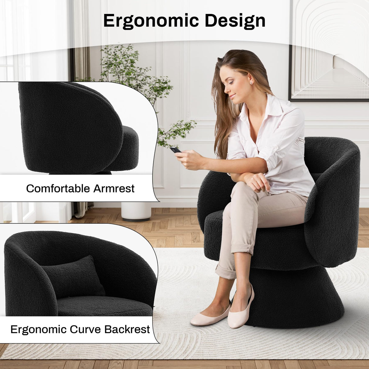 Nolohoo Swivel Barrel Chair Set of 2, Comfy Sherpa Accent Swivel Chairs for Living Room, 360 Modern Small Round Single Sofa Swivel Armchair for Bedroom, Office (Black, Teddy) Nolohoo