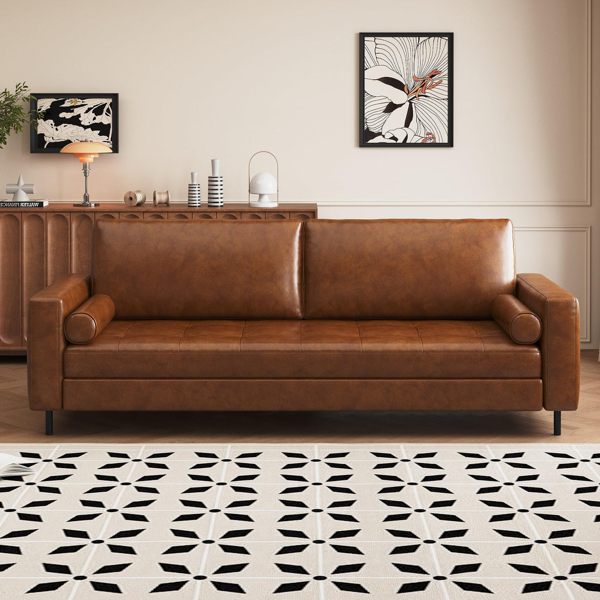 gaoyangjiaju Mid-Century Modern 80.31" Wide Leather Couch with Round Cylinder Arms, Brown Leather Sofa for Living Room & Bedroom, Cozy Lounge Furniture for Small Spaces gaoyangjiaju