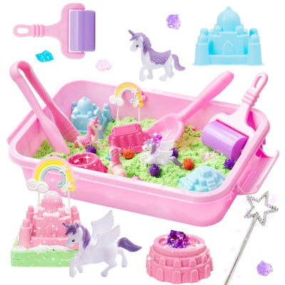Carolart Unicorn Sensory Bin, Castle Molds, Sand Art Kit for Boys and Girls, Squishy Sand for Toddlers 3+