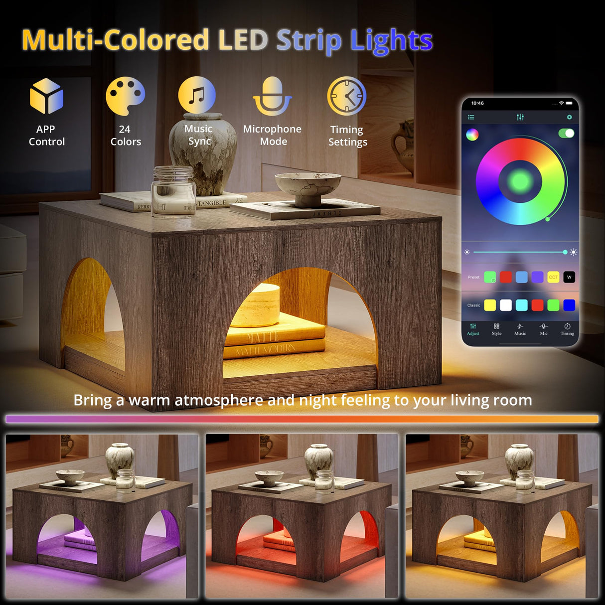 LIKEMET Large Coffee Table, 35.5-Inch LED Center Table with Storage, Square Low Table for Living Meeting Room, Easy Assembly LIKEMET