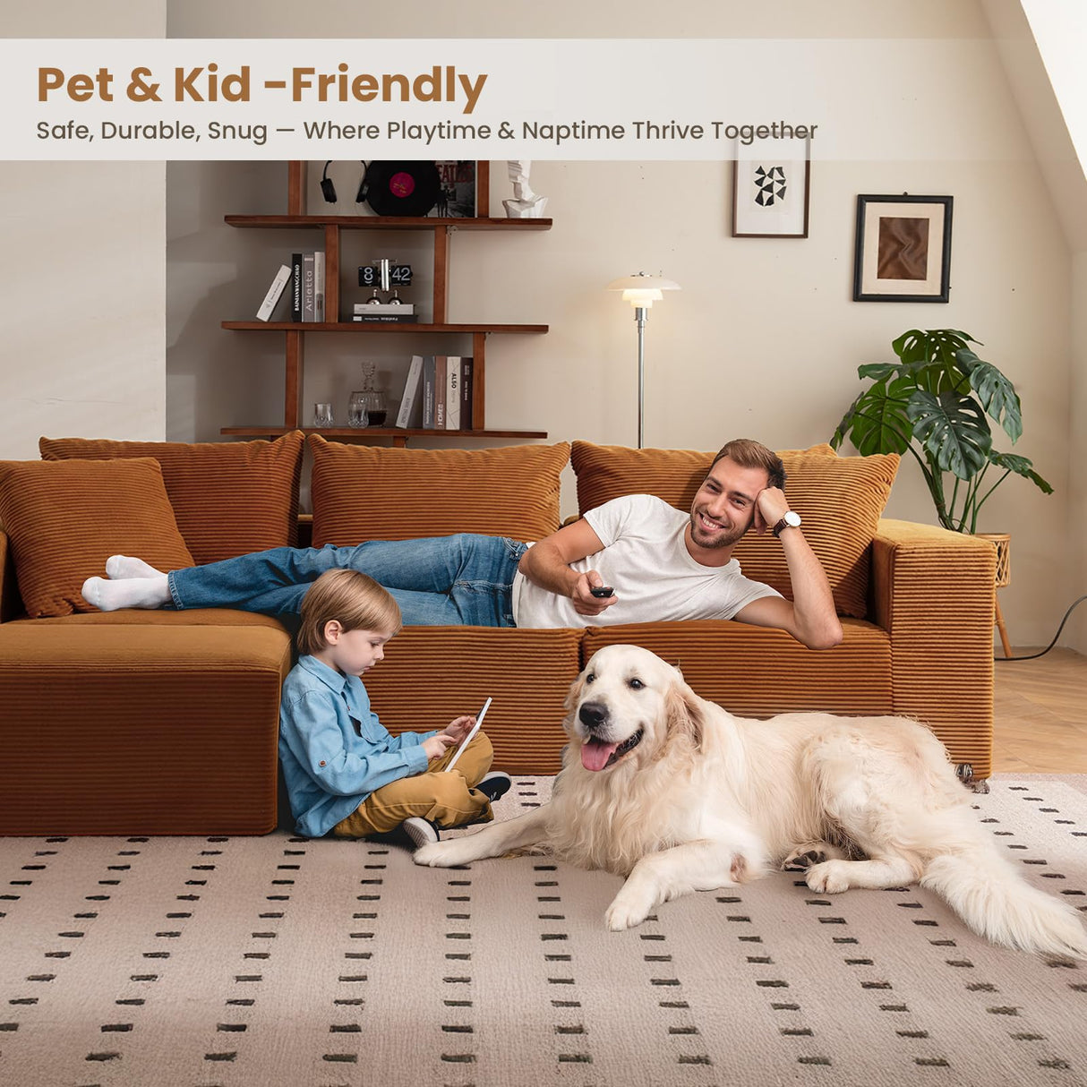 Modular Sectional Sofa, 108" L-Shaped Boneless Couch with Deep Seat, Corduroy Cloud Couch for Living Room, Bedroom, No Assembly Required, Ship in a Box, Orange RUMBALUXY