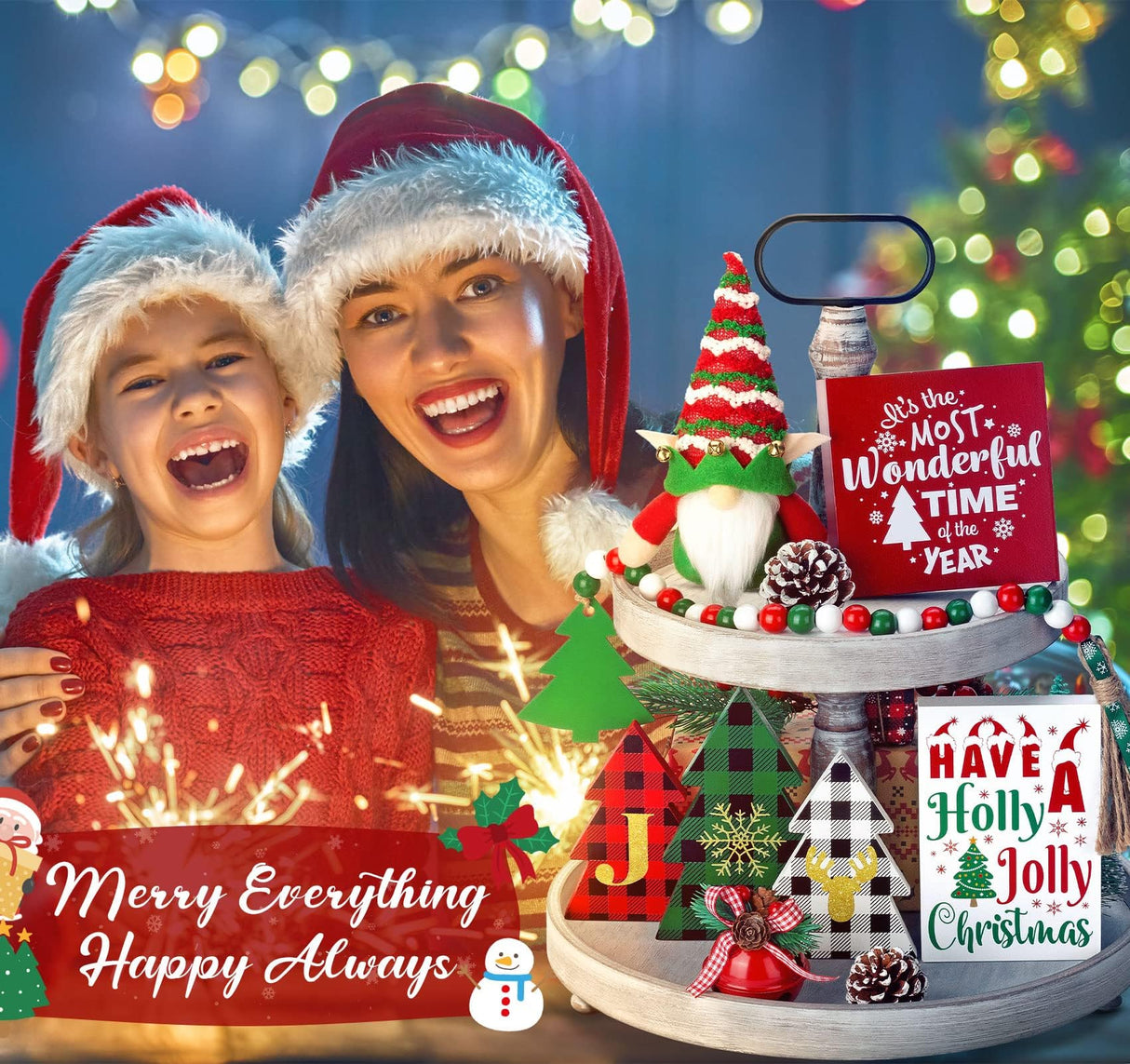 Christmas Tiered Tray Decor 10 PCS Christmas Decorations for Home - Christmas Table Decor Wooden Signs & Christmas Gnome Plush Set - Farmhouse Christmas Tray Decor Kitchen Table Mantel Christmas Party Asoulin