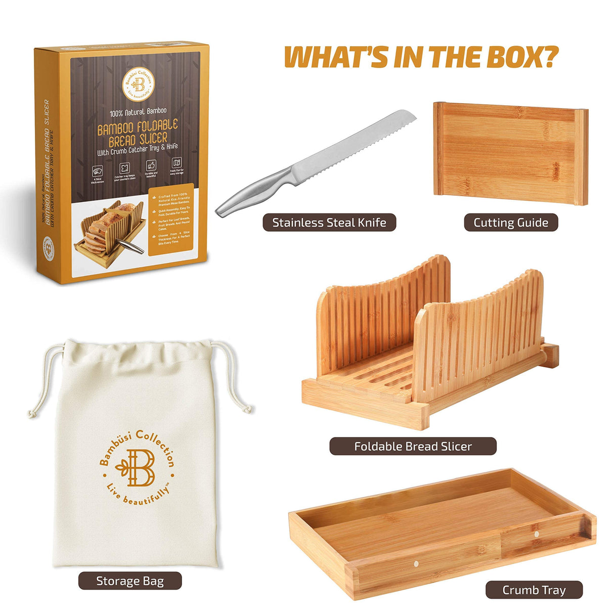 Bambüsi Bread Slicer for Homemade Bread - Bamboo Bread Cutter with Knife, Foldable Slicing Guide, Crumb Tray - Compact Bread Loaf Slicer for Cakes, Bagels, Loaves - Kitchen Gadget & Gifts Bambüsi