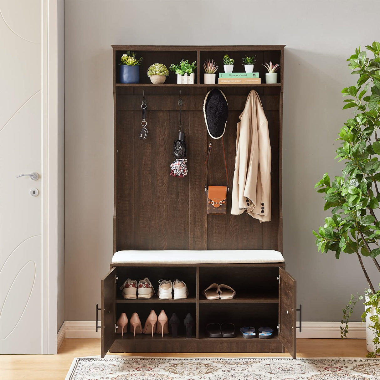 Betoko Hall Trees with Bench and Coat Racks, Farmhouse 71 Inch Entryway Bench with 2 Cabinet Doors, Wood Coat Tree Mudroom Storage Bench (Walnut) Betoko