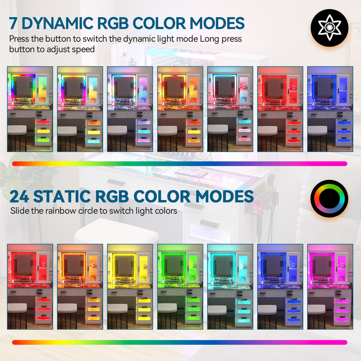 HENBC Vanity with Mirror and LED Lights, Glass Top Vanity Desk with Charging Station(Wireless+USB+Type-C), RGB Makeup Table Set with Stool/Makeup Organizer/6 Drawers (White) HNEBC