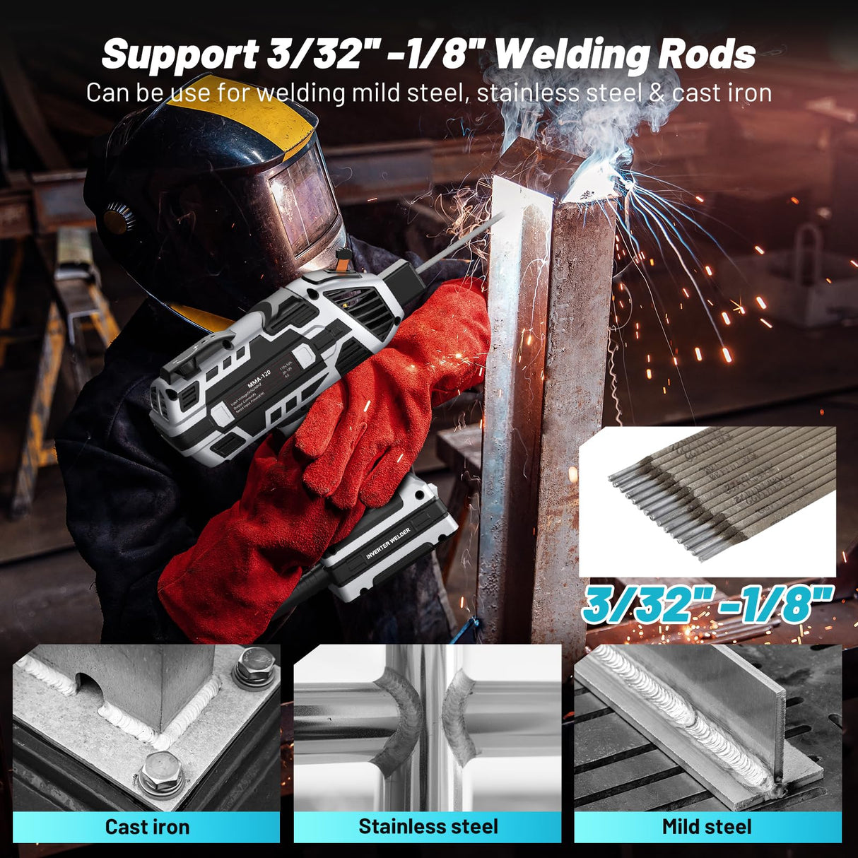 Faiuot Portable Welding Machine,110V Handheld Welder with IGBT Inverter 6 Variable Current Adjustment, Portable ARC Welder Gun Fits for 3/32"-1/8" Wire rods Electric Stick Welder Machine Kit (Grey) Faiuot