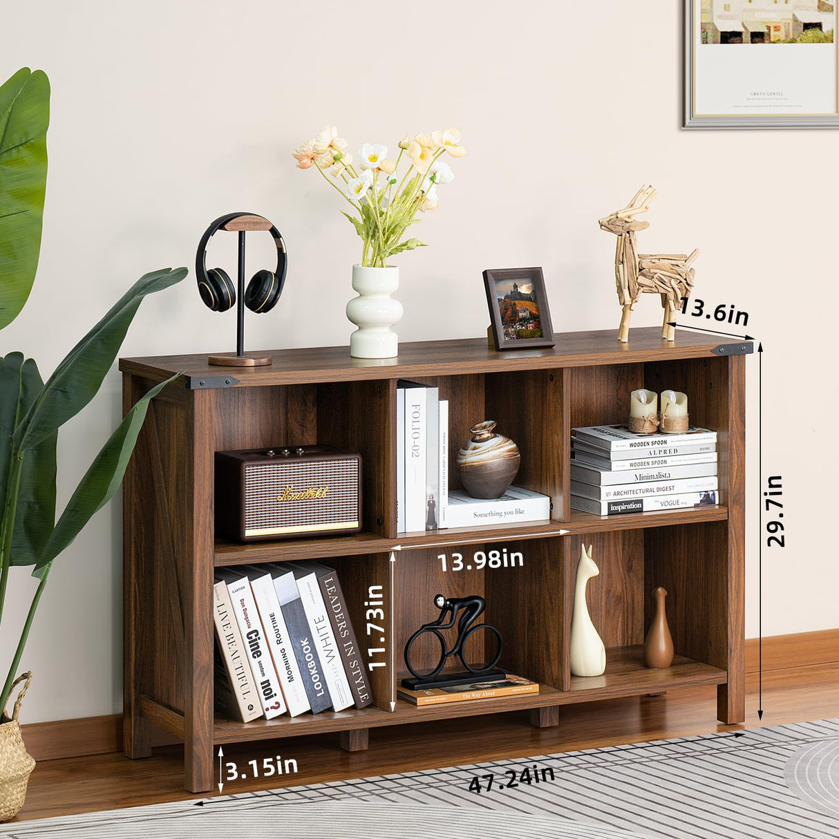 Joaxswe Rustic 6 Cube Wood Bookshelf – 3 Tier Brown Walnut Storage Organizer with Legs Joaxswe