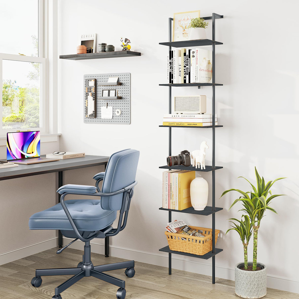 POBOMULI 6-Tier Ladder Shelf, 77 Inches Wall Mounted Ladder Bookshelf with Metal Frame, Wood Tall Open Storage Rack and Display Shelves for Home Office Bedroom Living Room, Black POBOMULI