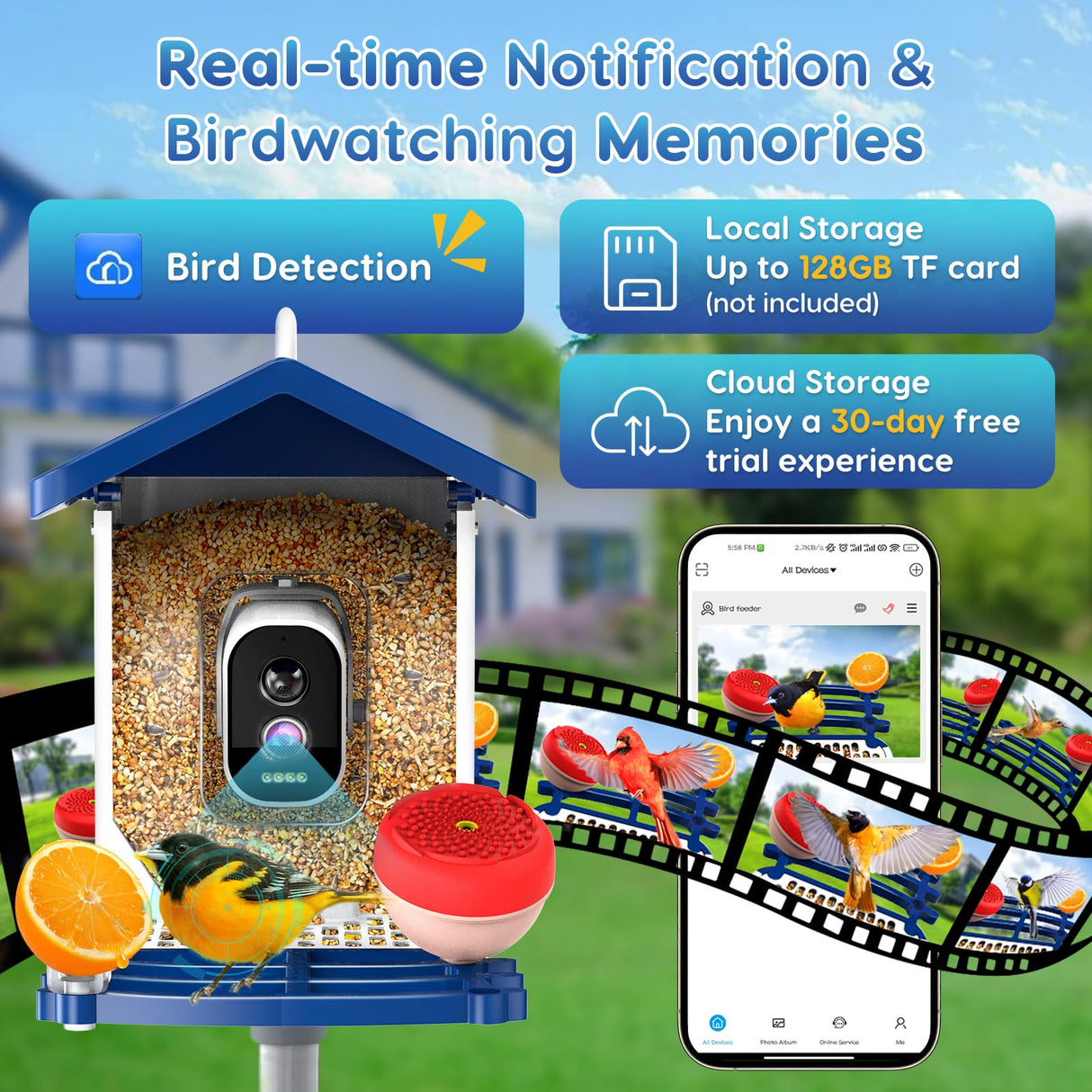 Smart Bird Feeder with Camera, 2.5K HD Bird Feeder Camera with Ai Identify, Auto Capture Videos & Motion Detection, Birdhouse Birdfeeder for Birds Lovers,Famliy,Friends VXTUYO