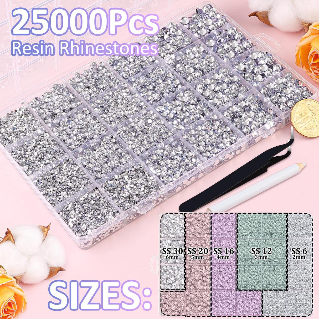 25000Pcs Resin Rhinestones with Tweezers for Crafting, Silver Clear Flatback Gems, Bedazzling Crystal with 3Pcs 10ml B7000 Jewelry Glue for DIY Crafts Clothing Tumblers Shoes Fabric Nail Art TINKRSTUFF