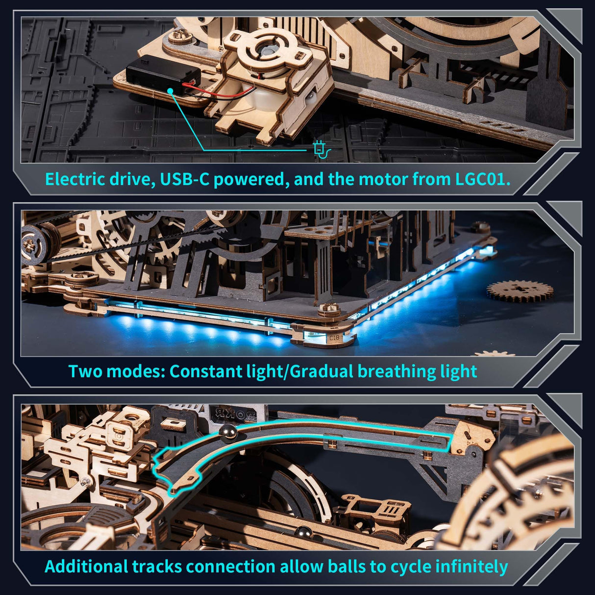 ROBOTIME 3D Wooden Puzzles for Adults Marble Run Link Pack LG01 - Marble Spaceport LGC01 + Marble Night City LGA01 Connector Kit ROBOTIME