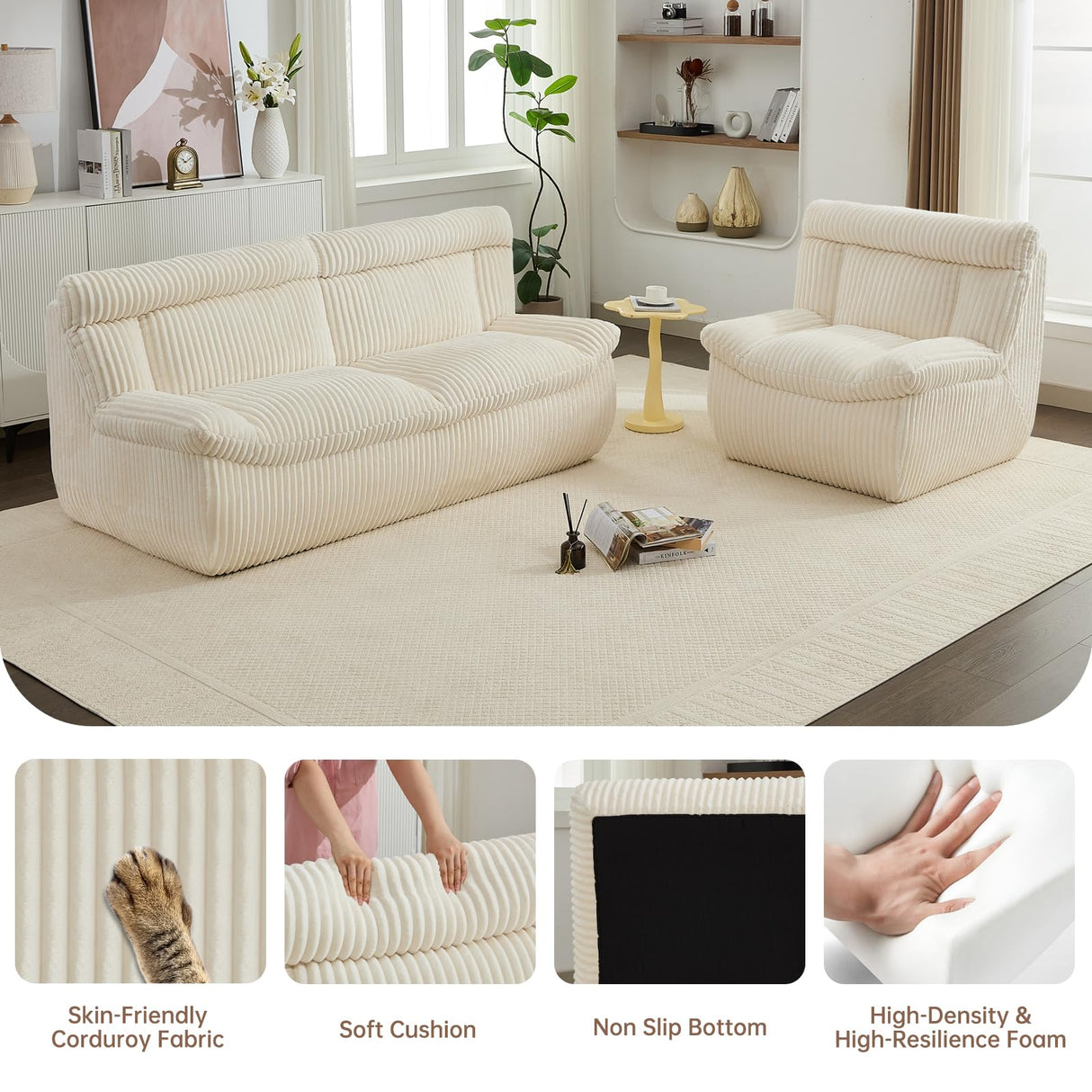 AEMEIOS 82" Corduroy Boneless Loveseat Sofa, Oversized Cloud Couch 3-Seater with Deep Seat, Modern Loveseats Couch with Memory Foam, Beige Boneless Couches for Living Room, No Assembly Required AEMEIOS