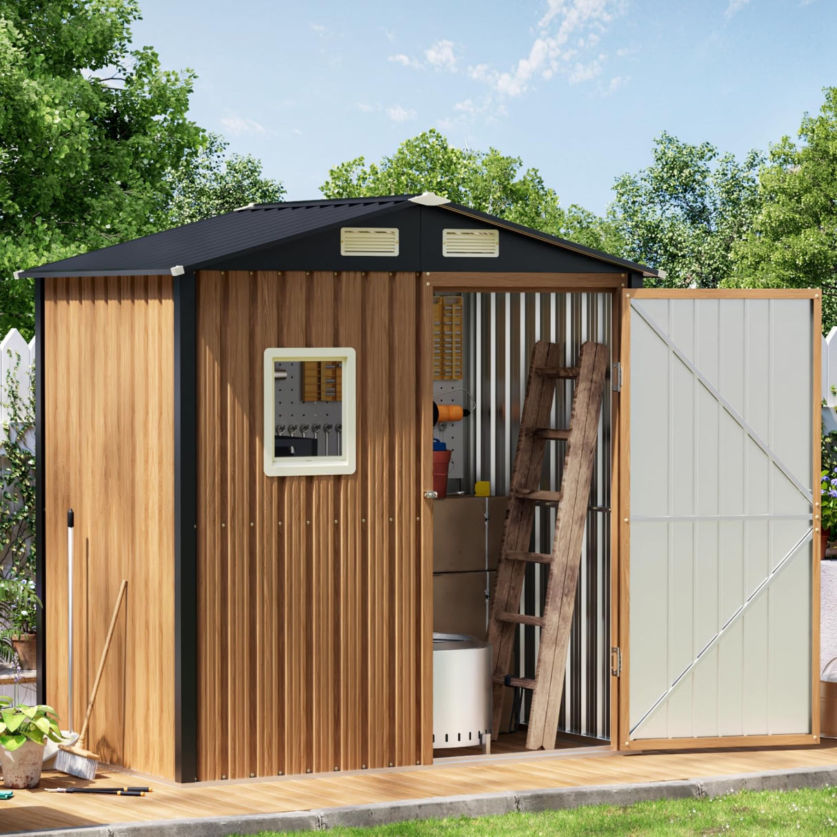 Panovue 6X4FT Garden Storage Shed with Frame Floor & Lockable Door,Steel Tool Shed with 1 Clear Window, Anti-Corrosion Metal Shed for Backyard Patio Lawn (Light Wood Grain) Panovue