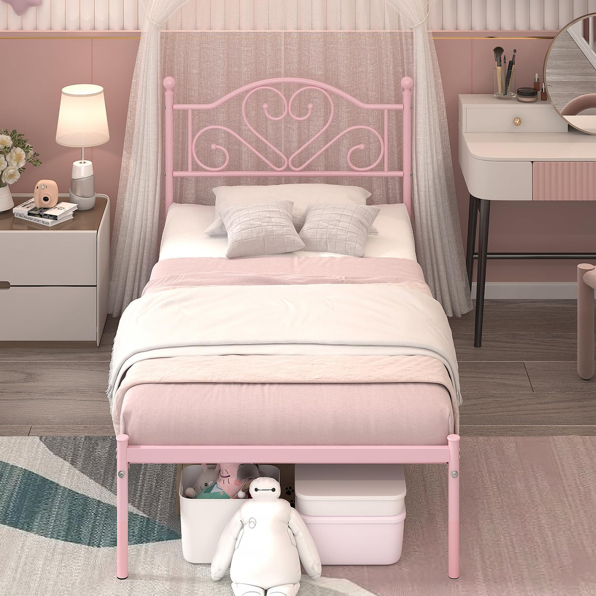 Weehom Twin Bed Frames with Headboard, Heavy Duty Metal Platform Bed Under Bed Storage Space Easy Assembly for Kids Girls Adults, Pink Weehom