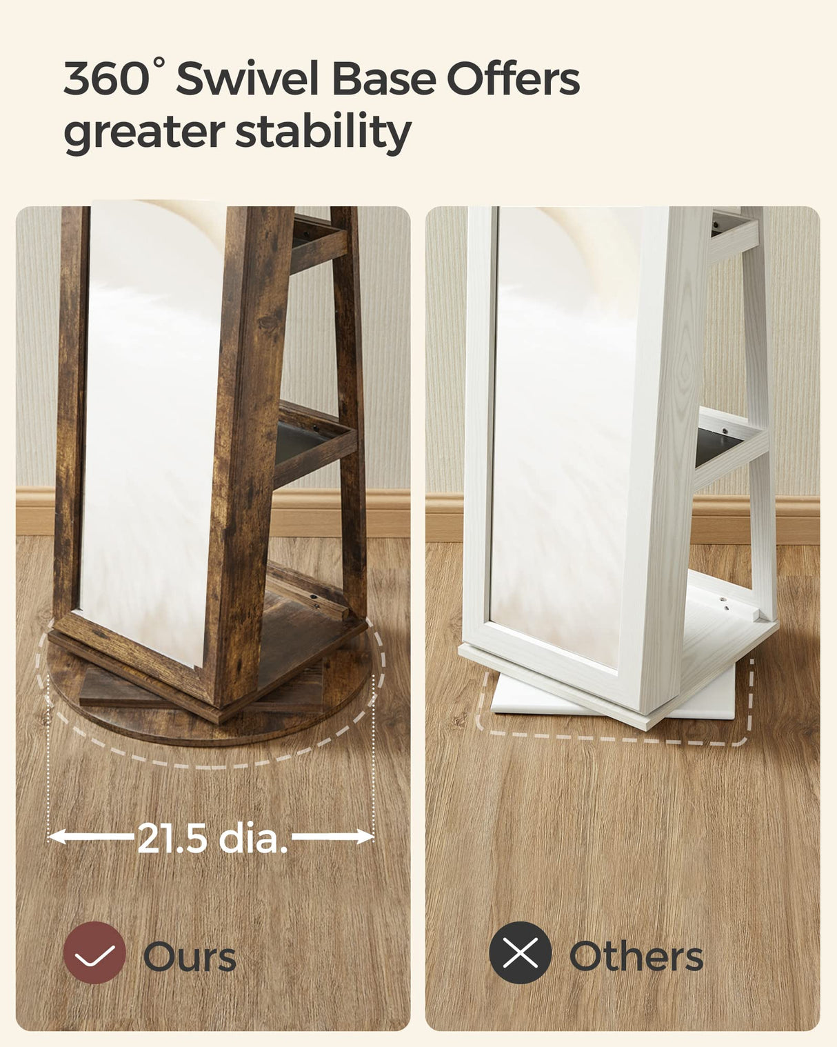 SONGMICS 360° Swivel Jewelry Cabinet, Lockable Jewelry Organizer with Full-Length Mirror, Rear Storage Shelves, Interior Mirror, Jewelry Armoire, Gift Idea, Rustic Brown UJJC006X01 SONGMICS