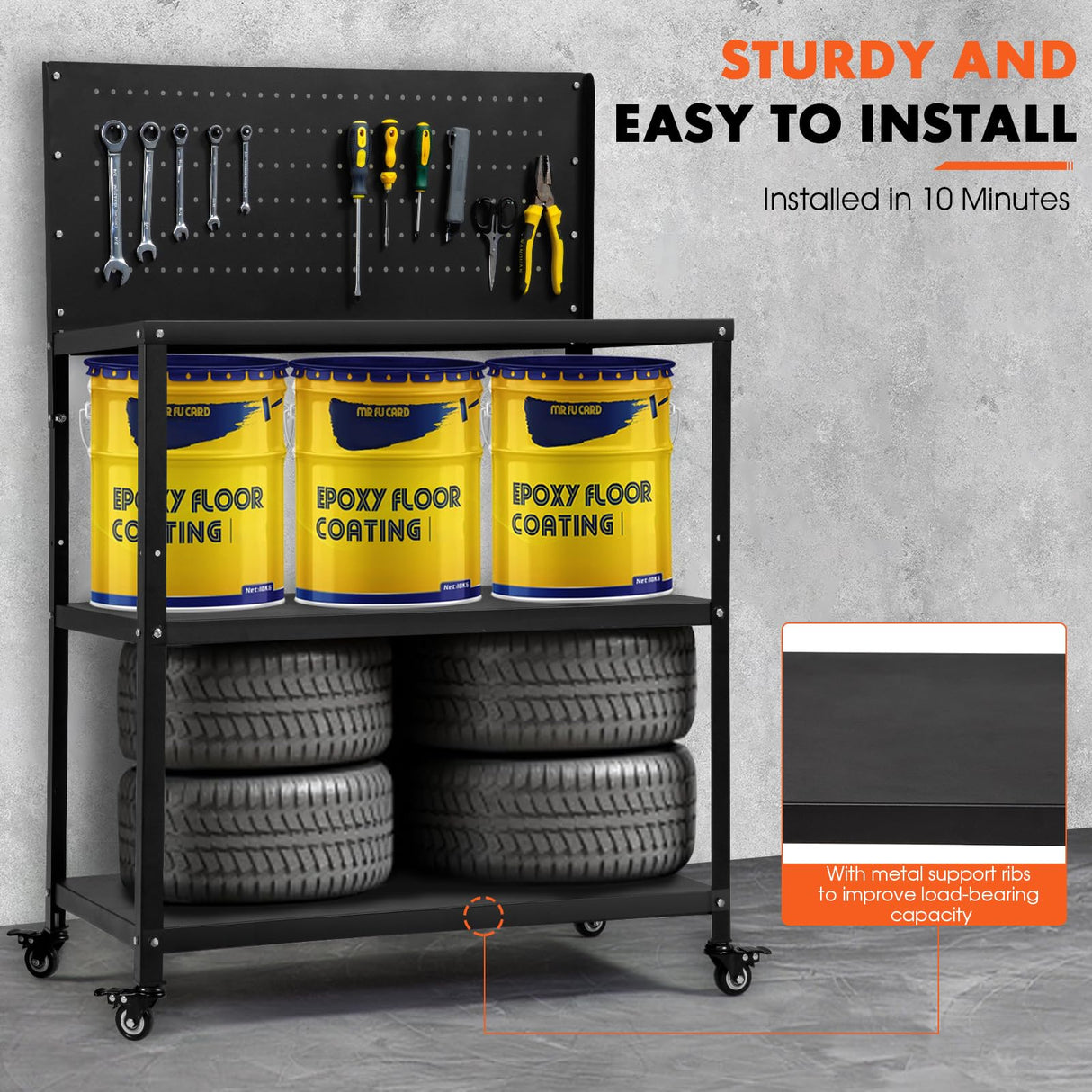 OLBRUS 50.4 X 33.4 Inch Workbench,Heavy Duty 200LBS Steel Work Bench with Pegboard and Lockable Wheels, Rolling Tool Storage Work Table for Garage Workshop Warehouse (50.4" X 33.4") OLBRUS