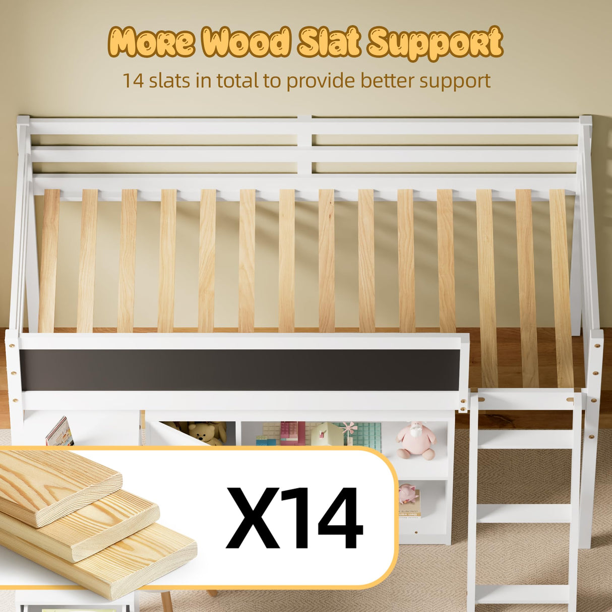 TOLEAD Low Loft Bed with Desk, Solid Wood Twin Low Loft Bed with Storage Cabinet, Blackboard, Ladder and Guardrail for Kids Juniors Boys Girls, No Box Spring Needed, White TOLEAD