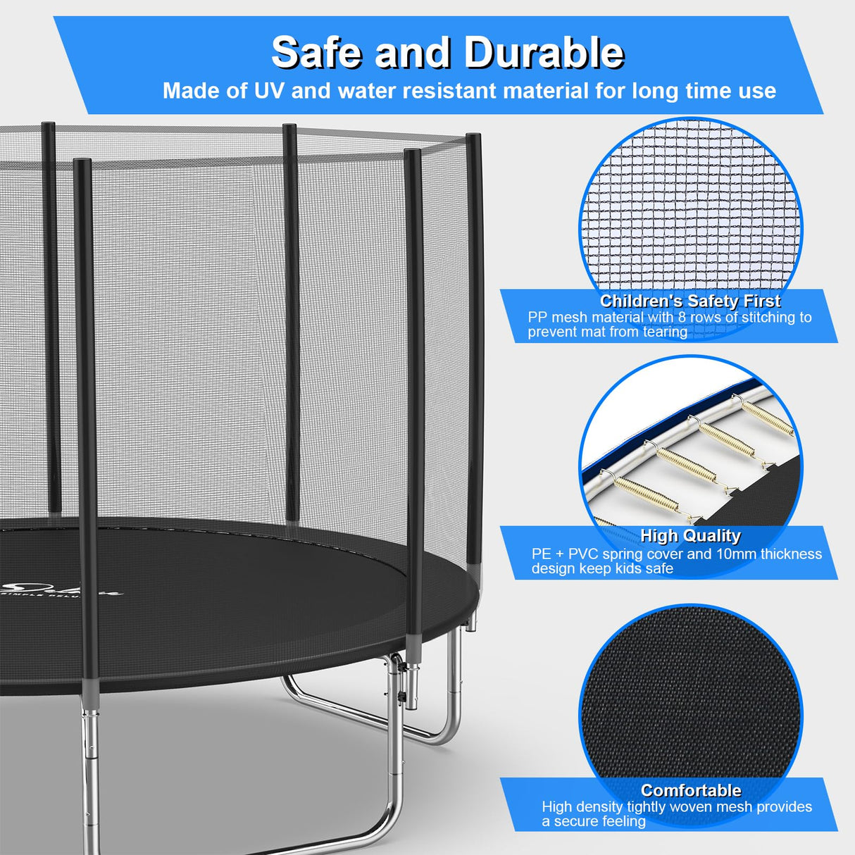 YSSOA 12FT Trampoline for Kids and Adults - Recreational Trampolines with Safety Enclosure, Wind Stakes, 400LBS Weight Capacity, Black Outside Net YSSOA