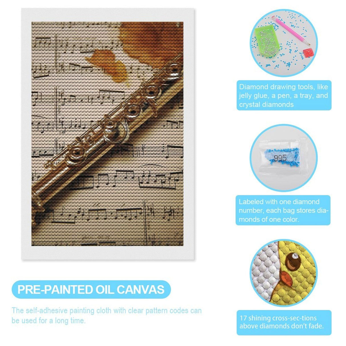 GHENBLT Flute Music 5D Diamond Painting Kits for Adults Beginners Large Round Diamond Art Painting DIY Full Drill Diamond Dots Wall Paintings Gem Art for Gift Home Wall Decor 8"x12" GHENBLT