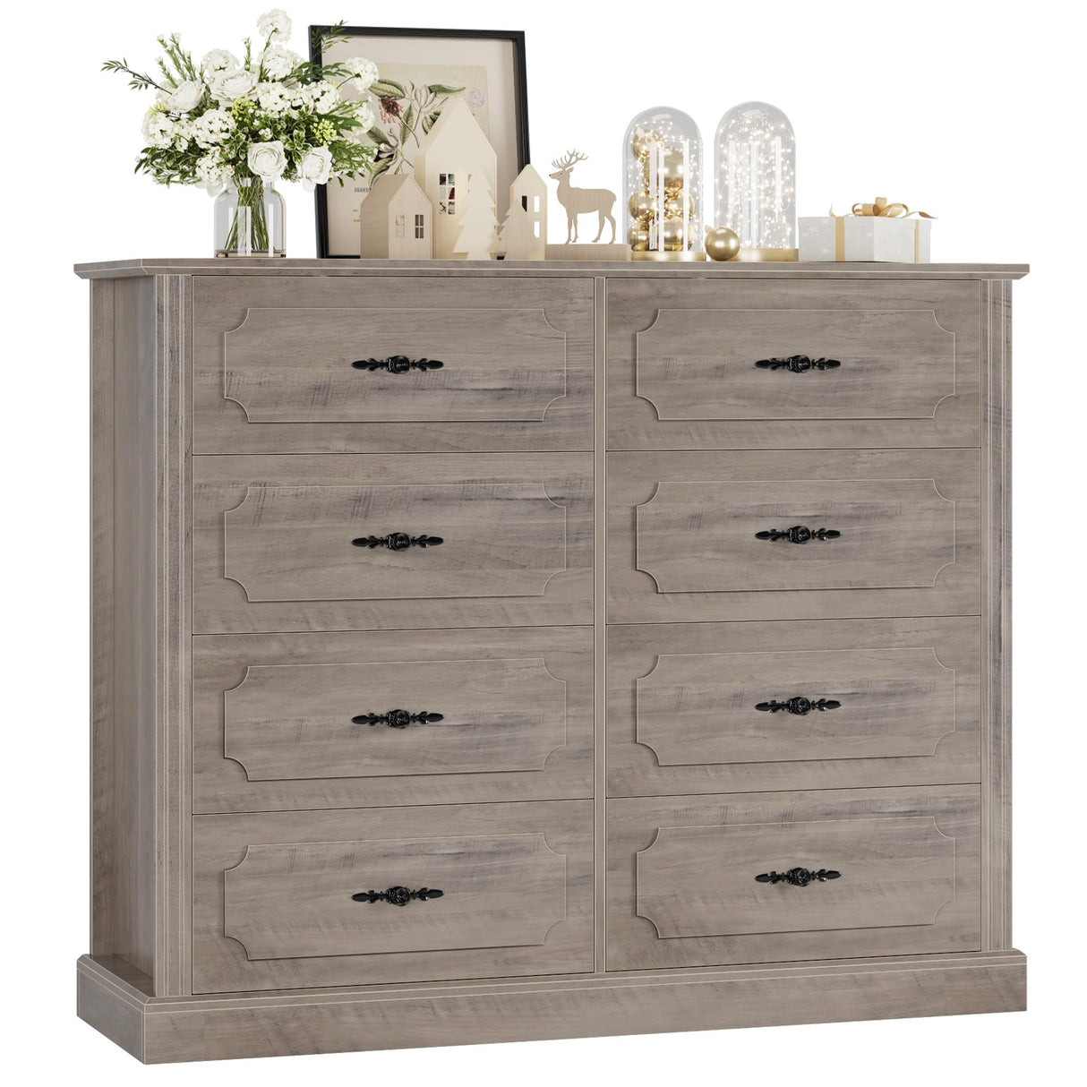 finetones Grey Dresser Chest of Drawers, Farmhouse Dresser Wood Dresser 8 Drawer Dresser with Steel Handles, Modern Dresser Drawers Floor Storage Cabinet for Living Room Hallway Office finetones