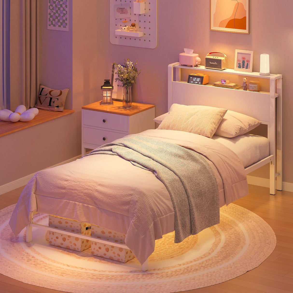 Weehom Twin Bed Frames for Kids, Twin Size Bed with 2 Tiers Wood Shelves Headboard No Box Spring Needed Easy Assembly Heavy Duty Metal Plaform, White Weehom