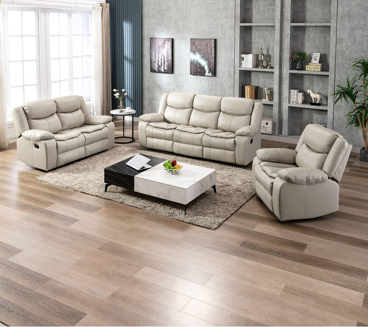 Familymill Breathable Leather Manual Reclining Sofa Sets with Recliner, Loveseat, and 3-Seat Sofa for Living Room Familymill