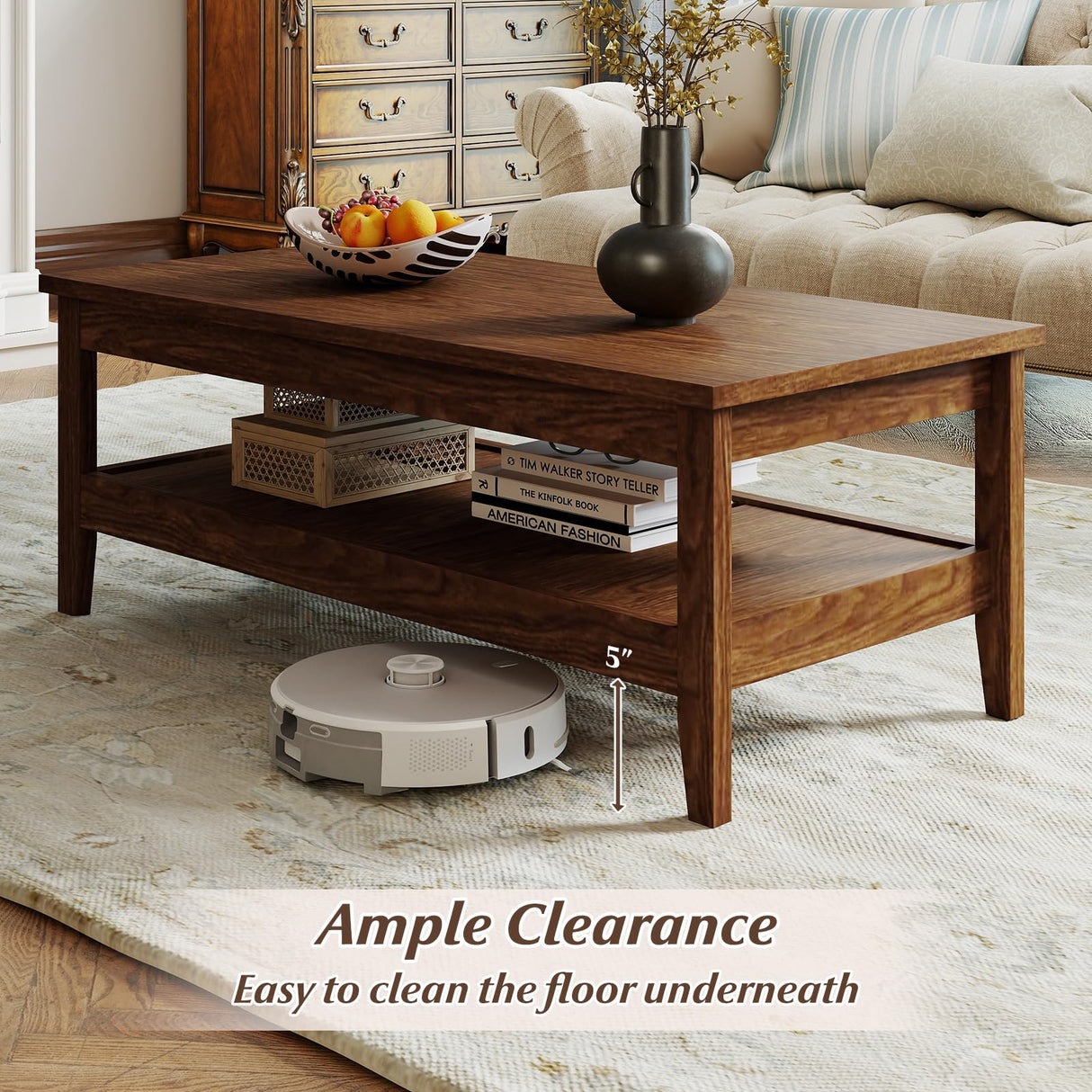 Giantex Mid Century Modern Coffee Table, 2-Tier Rectangle Wood Center Table with Slatted Storage Shelf, Vintage Living Room Table for Reception, Walnut Giantex