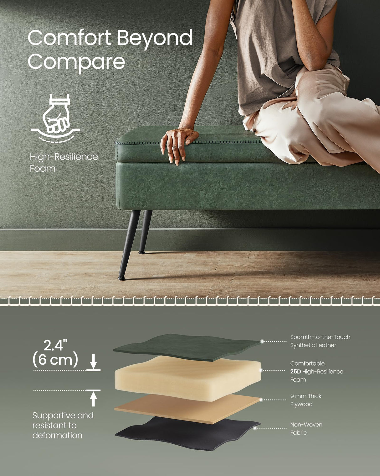 VASAGLE EKHO Collection - Storage Ottoman Bench, Entryway Bedroom Bench, 15 Gallons, Synthetic Leather with Stitching, Mid-Century Modern, Safety Hinges, Loads 660 lb, Forest Green ULOM074C01 VASAGLE