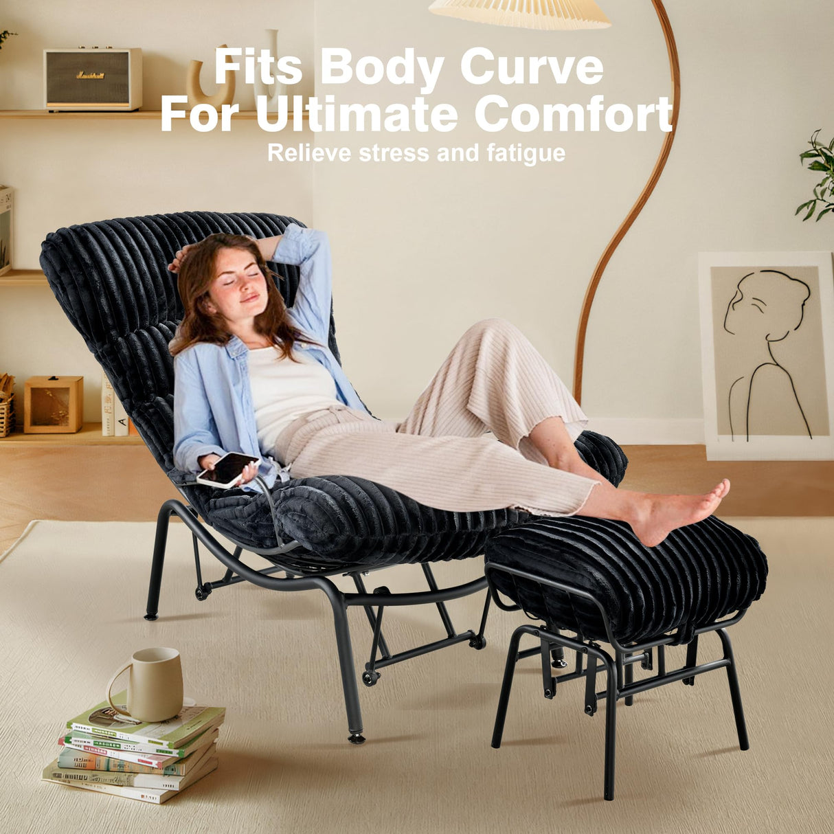 ovios Rocking Chair with Ottoman, Glider Recliner with Footrest, Lazy Accent Armchair with Comfy Cushion for Living Room Bedroom Office, Cloud Plush Corduroy, Black ovios