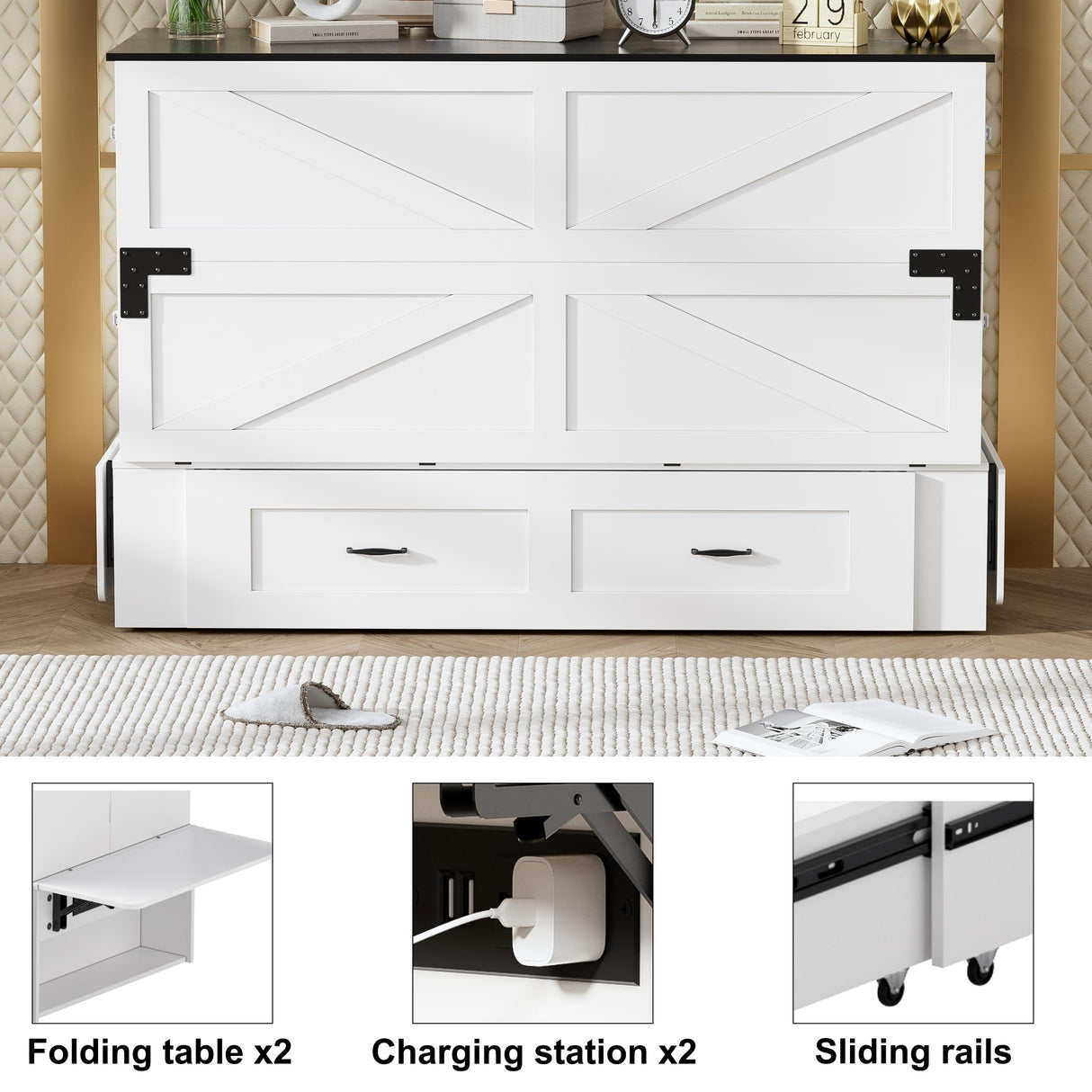 WJFORLION Murphy Bed Queen, Foldable Bed Murphy Cabinet with Storage & Charging Station, Bed Frame for Living Room, Guest Bedroom WJFORLION