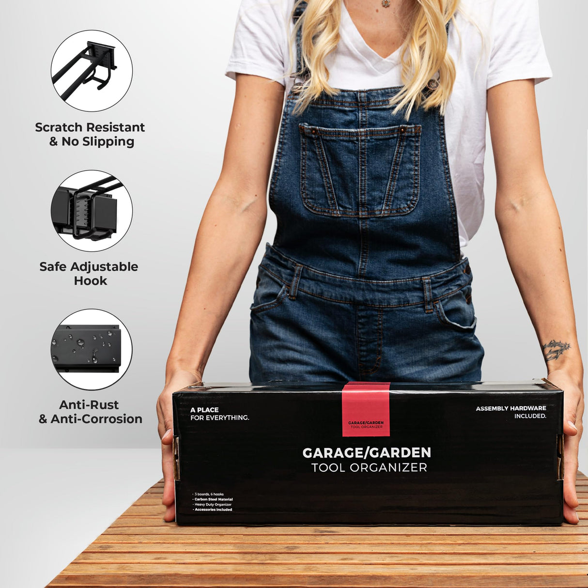 Garage Wall Organizer | 64" Heavy-Duty Tool Storage Rack | Adjustable Double-Layer Hooks | 400 lbs Capacity | Carbon Steel Wall Mount Holder for Shovels, Rakes, Ladders & Power Tools TIDYME